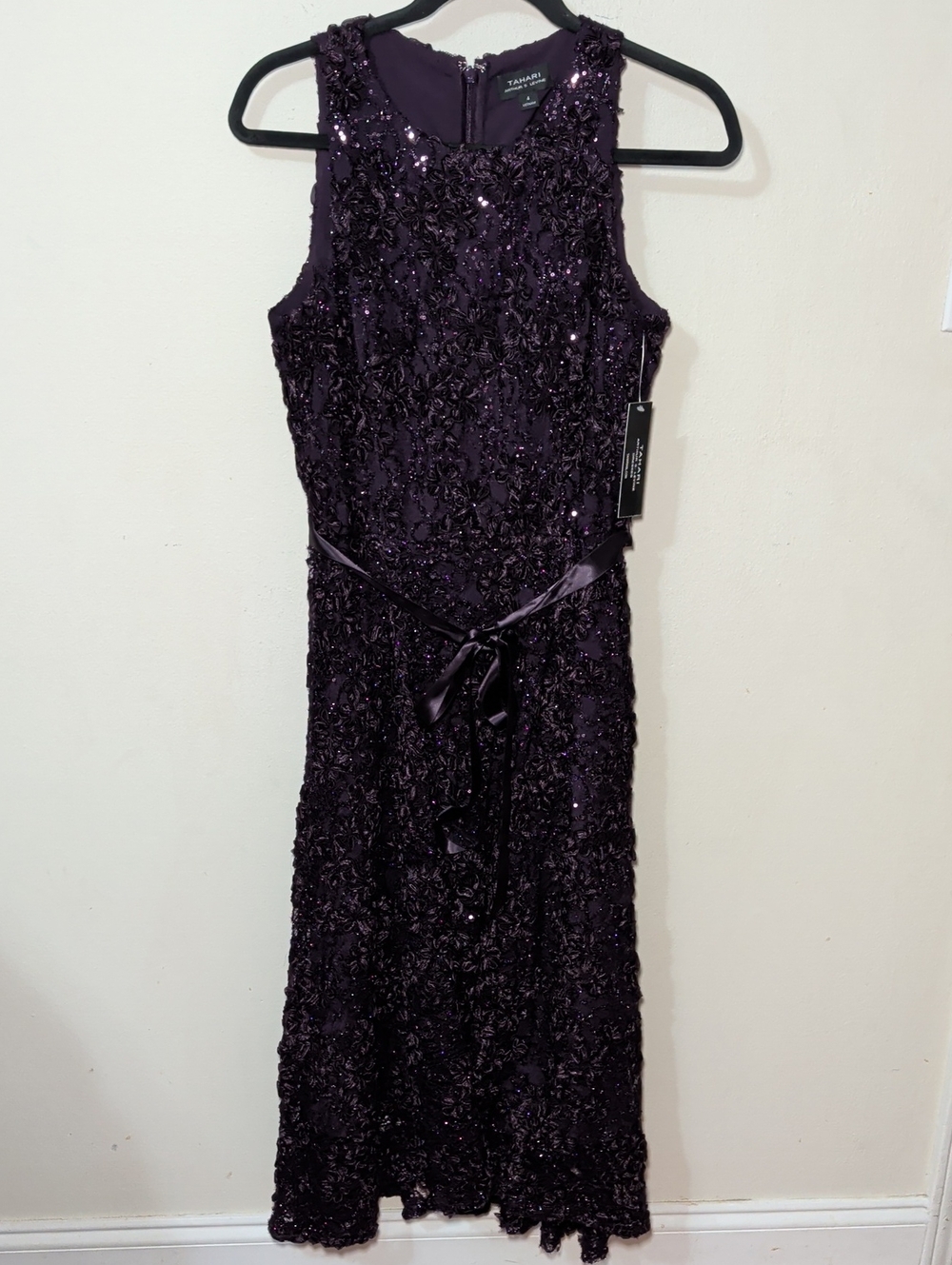 Tahari ASL Lace + Sequin Midi Dress Eggplant Purple Sleeveless Women's Size 4
